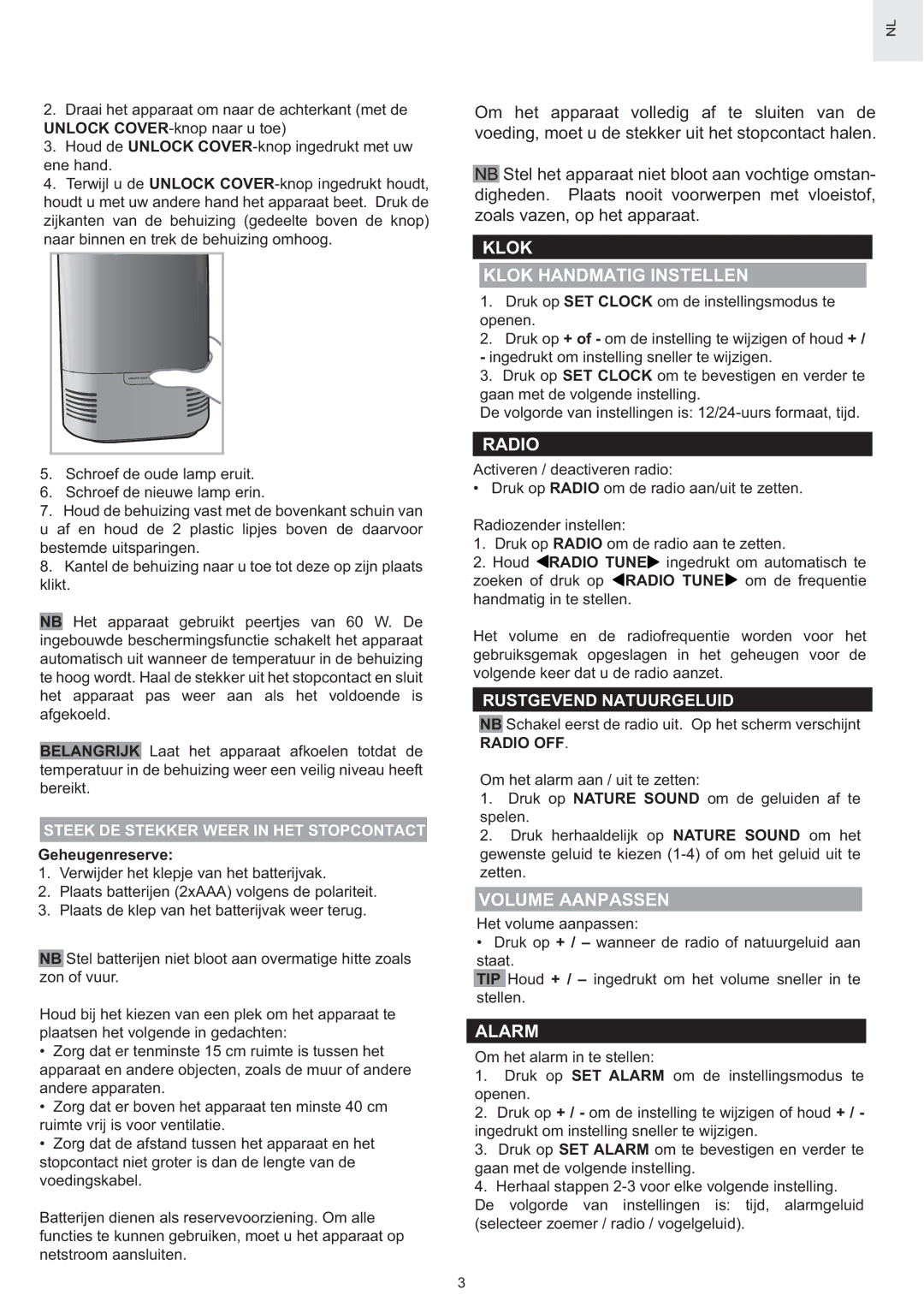 Oregon Scientific WS902H user manual Klok Klok Handmatig Instellen, Volume Aanpassen, Rustgevend Natuurgeluid, Radio OFF 