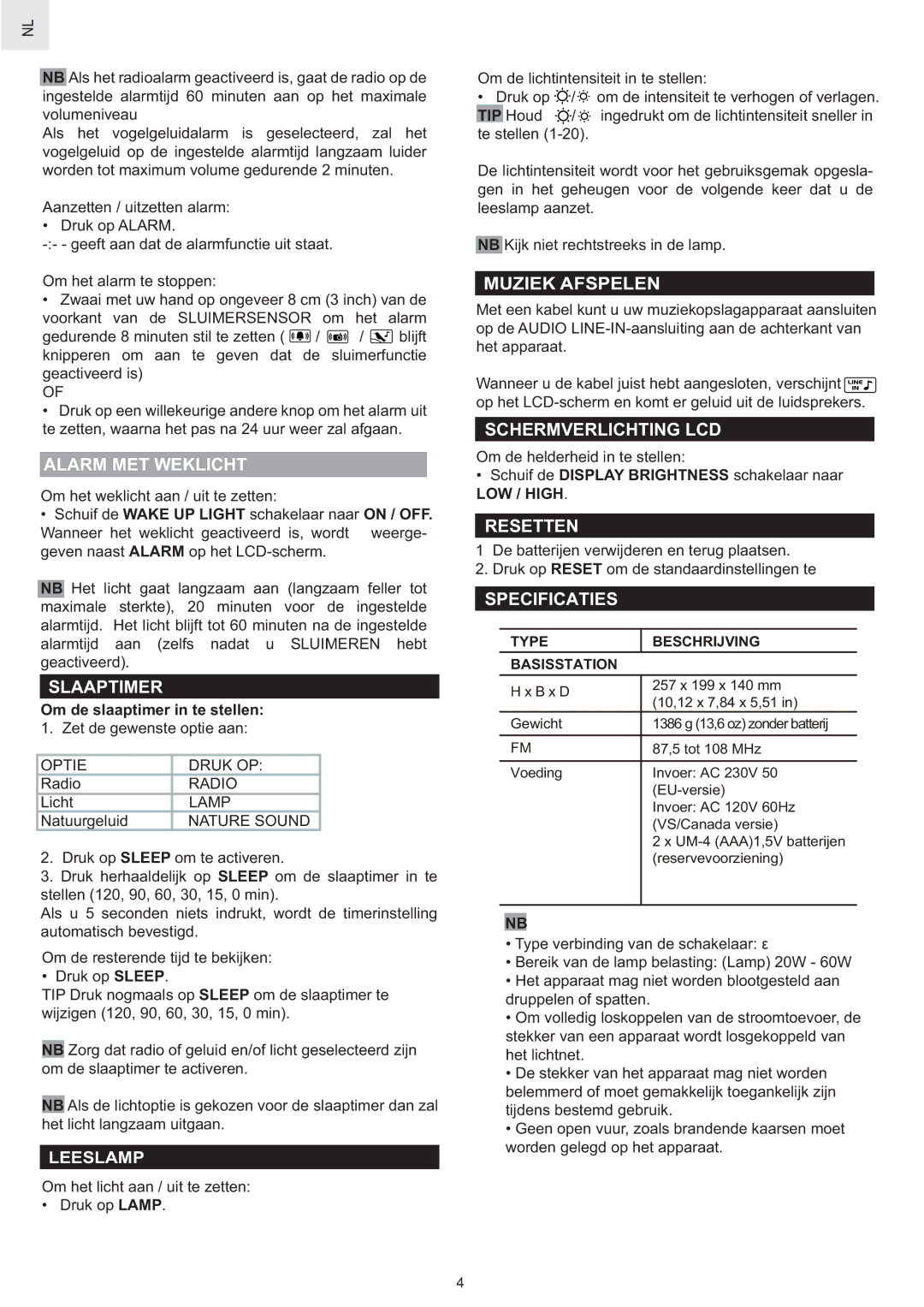 Oregon Scientific WS902 Alarm MET Weklicht, Slaaptimer, Muziek Afspelen, Schermverlichting LCD, Resetten, Specificaties 