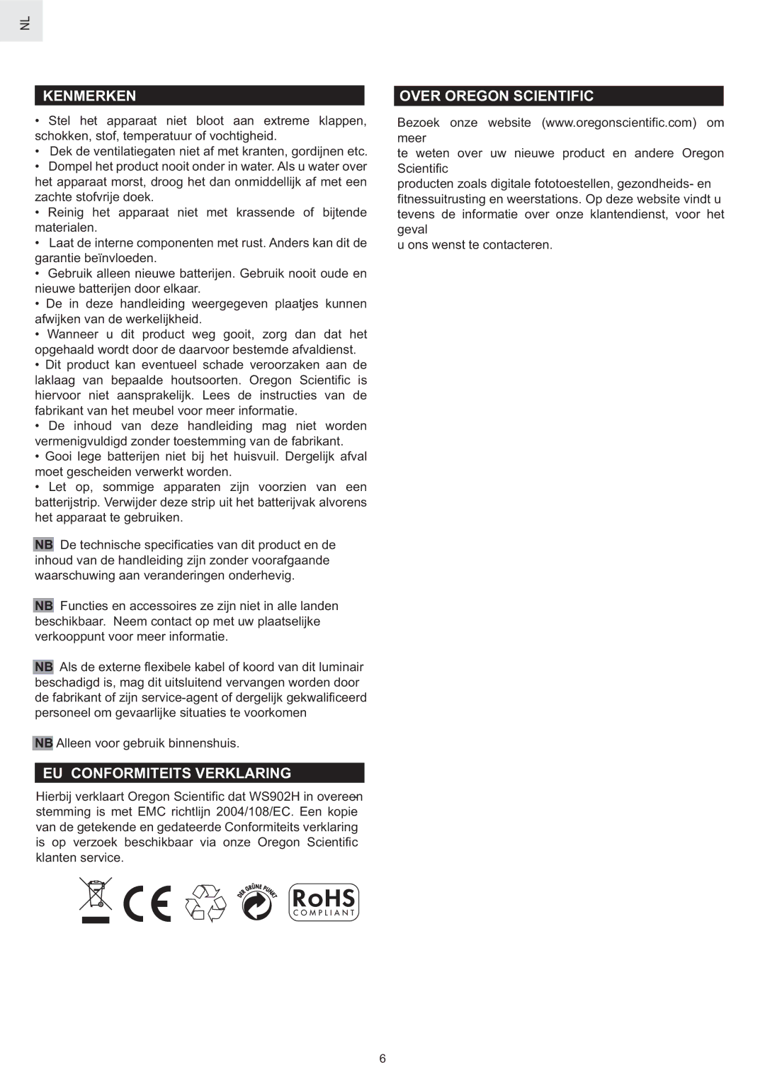 Oregon Scientific WS902H user manual Kenmerken, EU Conformiteits Verklaring, Over Oregon Scientific 