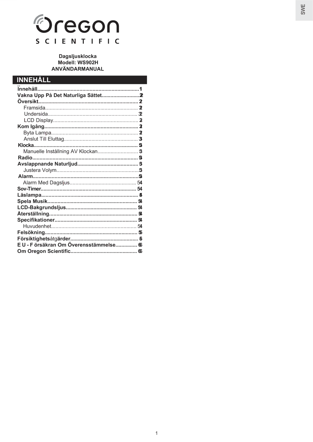 Oregon Scientific WS902H user manual Innehåll, Introduction 