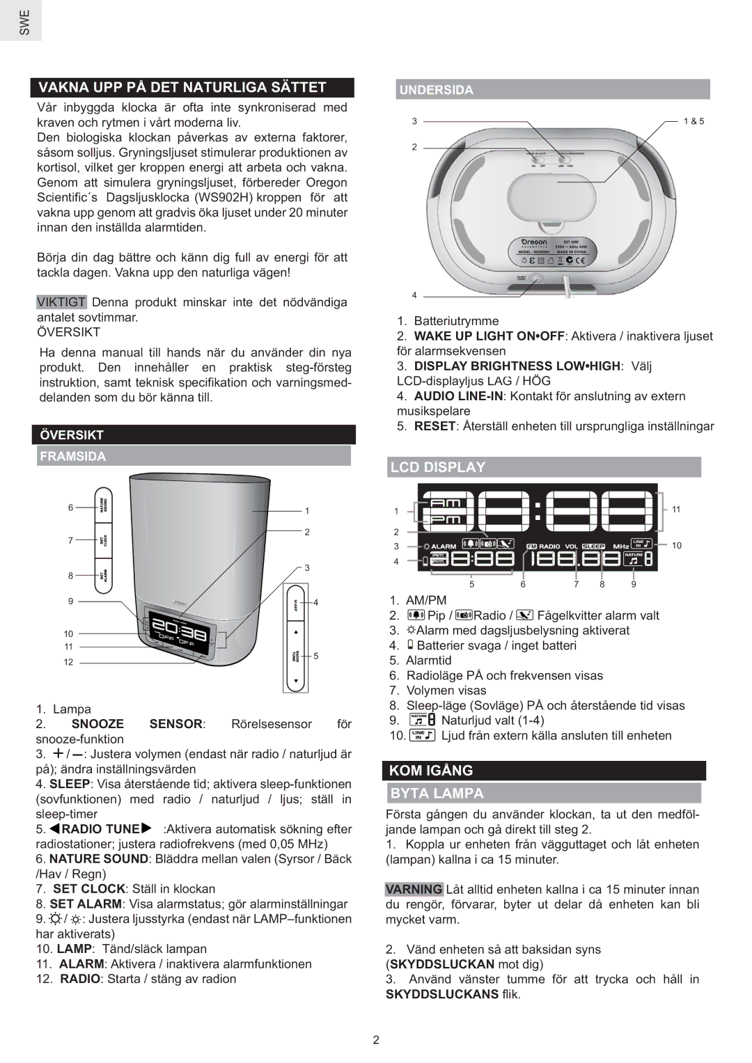 Oregon Scientific WS902H Vakna UPP PÅ DET Naturliga Sättet, KOM Igång Byta Lampa, Översikt Framsida, Undersida 