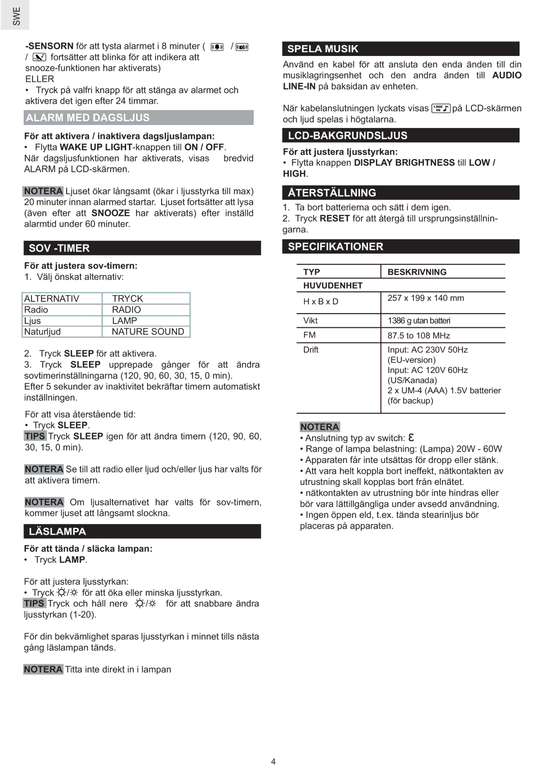 Oregon Scientific WS902H user manual Alarm MED Dagsljus, Sov -Timer, Lcd-Bakgrundsljus, Återställning, Specifikationer 