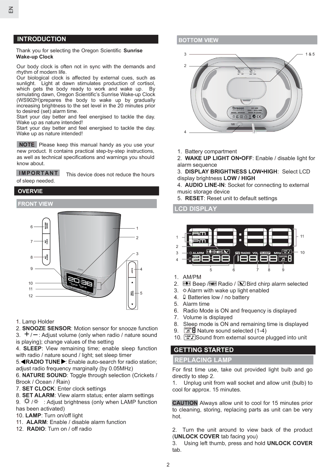 Oregon Scientific WS902H user manual LCD Display, Getting Started Replacing Lamp, Overvie Front View, Bottom View 