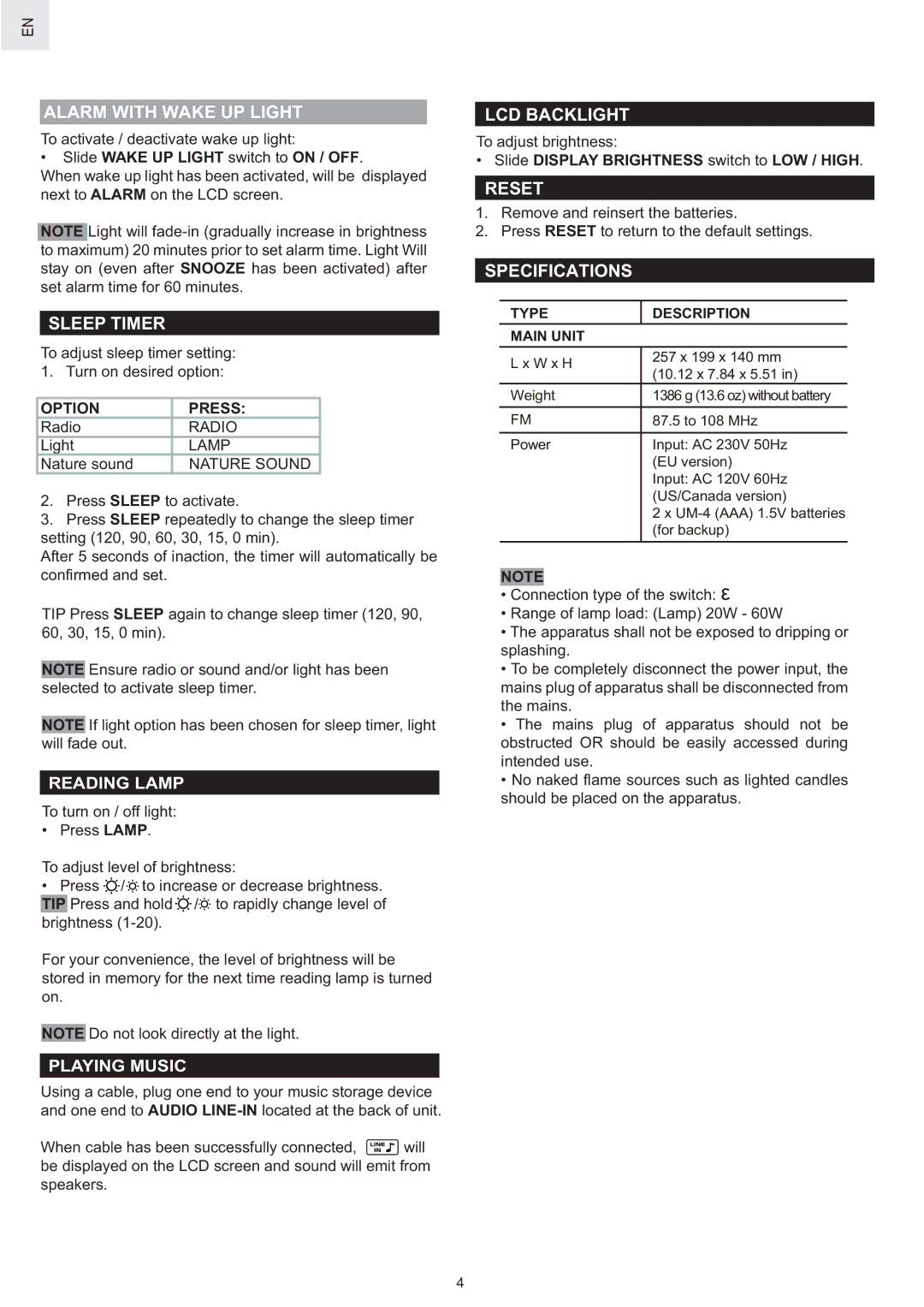 Oregon Scientific WS902H user manual Alarm with Wake UP Light, Sleep Timer, LCD Backlight, Reset, Specifications 