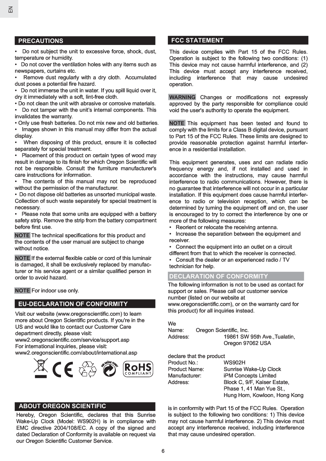 Oregon Scientific WS902H user manual Precautions, Eu-Declaration Of Conformity, About Oregon Scientific, Fcc Statement 
