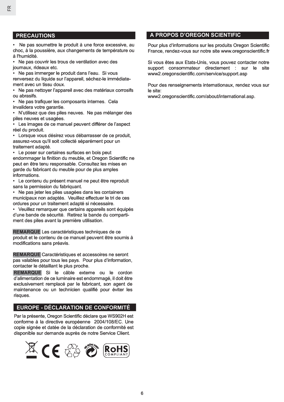 Oregon Scientific WS902H user manual Precautions, Europe - Déclaration De Conformité, A Propos D’Oregon Scientific 