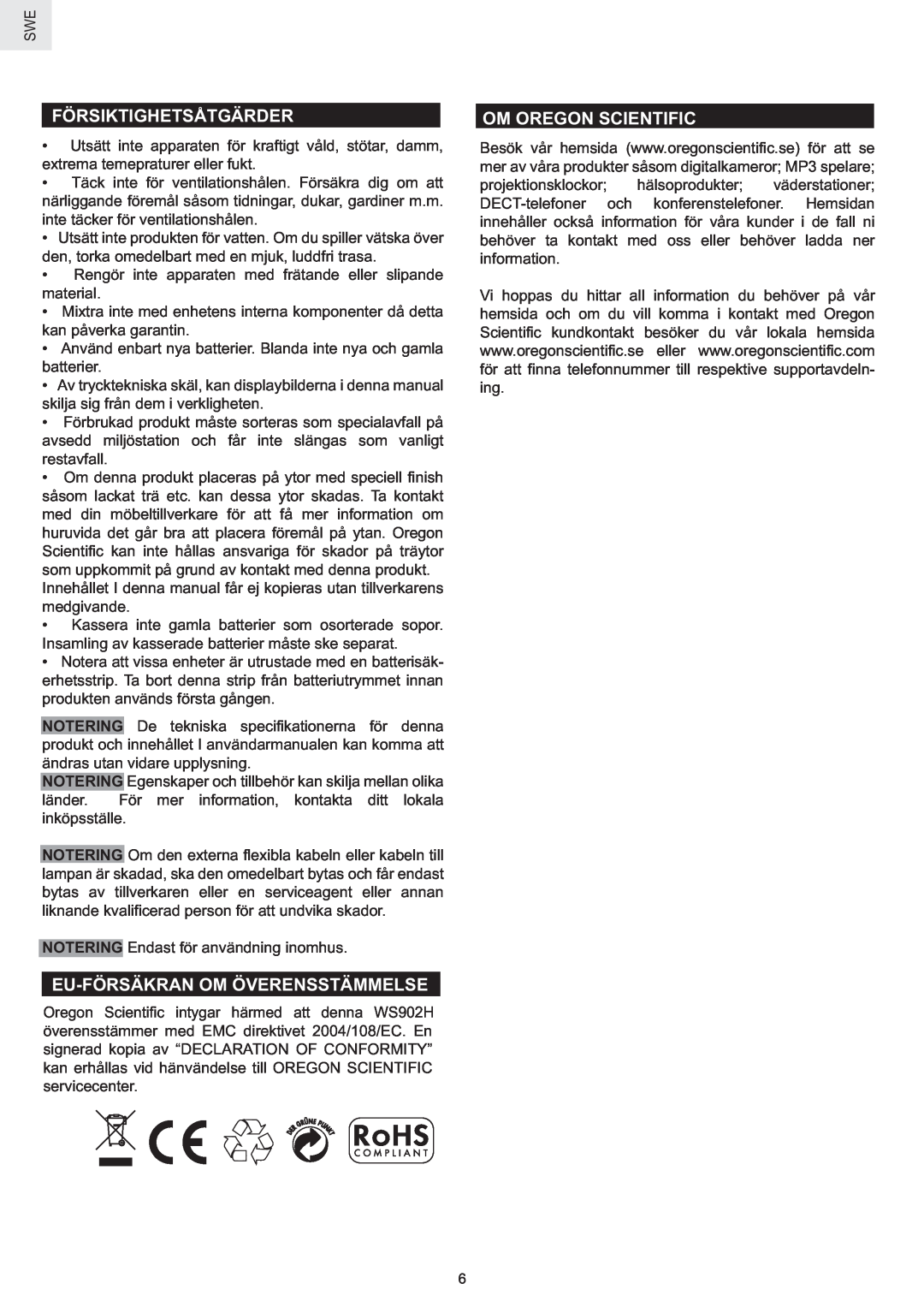 Oregon Scientific WS902H user manual Försiktighetsåtgärder, Eu-Försäkran Om Överensstämmelse, Om Oregon Scientific 
