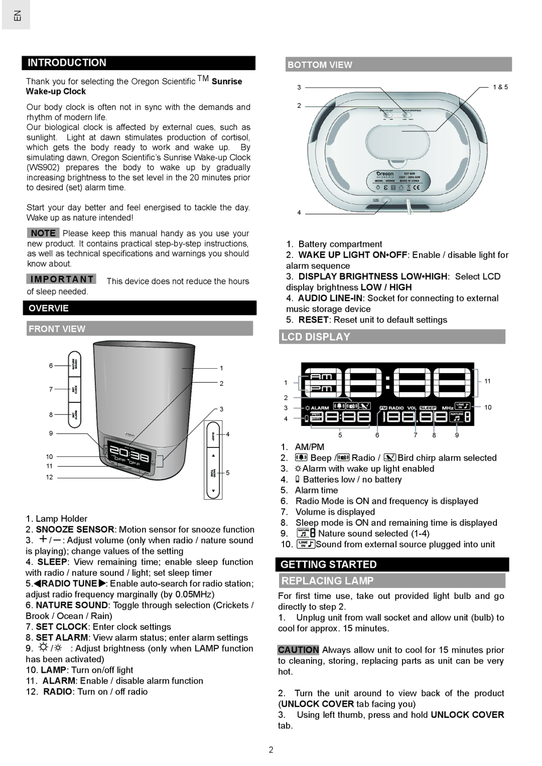 Oregon Scientific WS902 user manual LCD Display, Getting Started Replacing Lamp, Wake-up Clock 