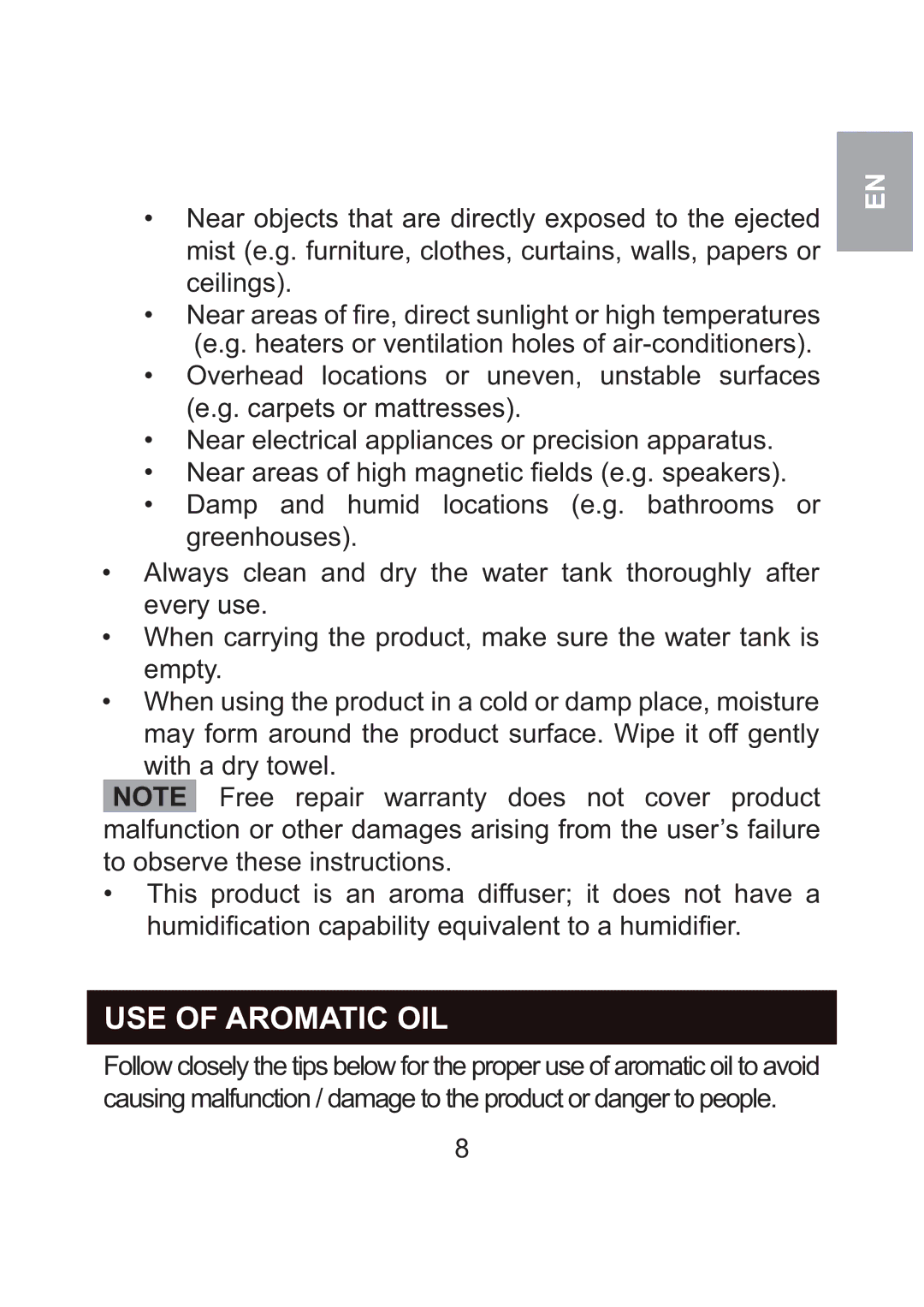 Oregon Scientific WS904 user manual USE of Aromatic OIL 