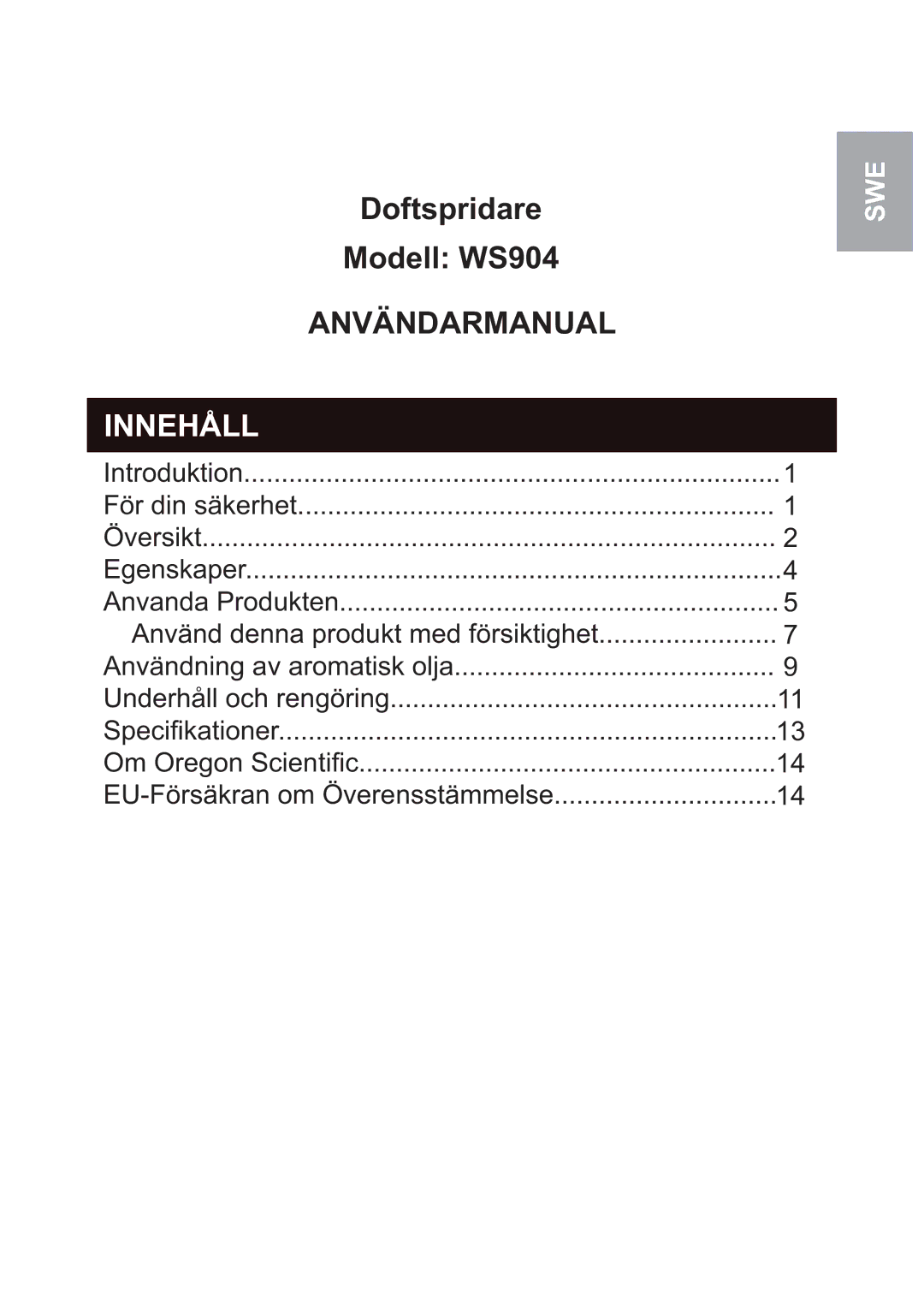 Oregon Scientific WS904 user manual Innehåll 