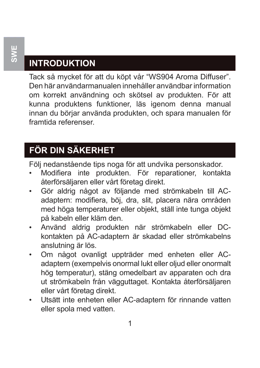 Oregon Scientific WS904 user manual Introduktion, FÖR DIN Säkerhet 