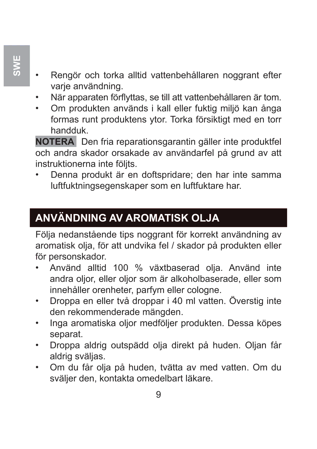 Oregon Scientific WS904 user manual Användning AV Aromatisk Olja 