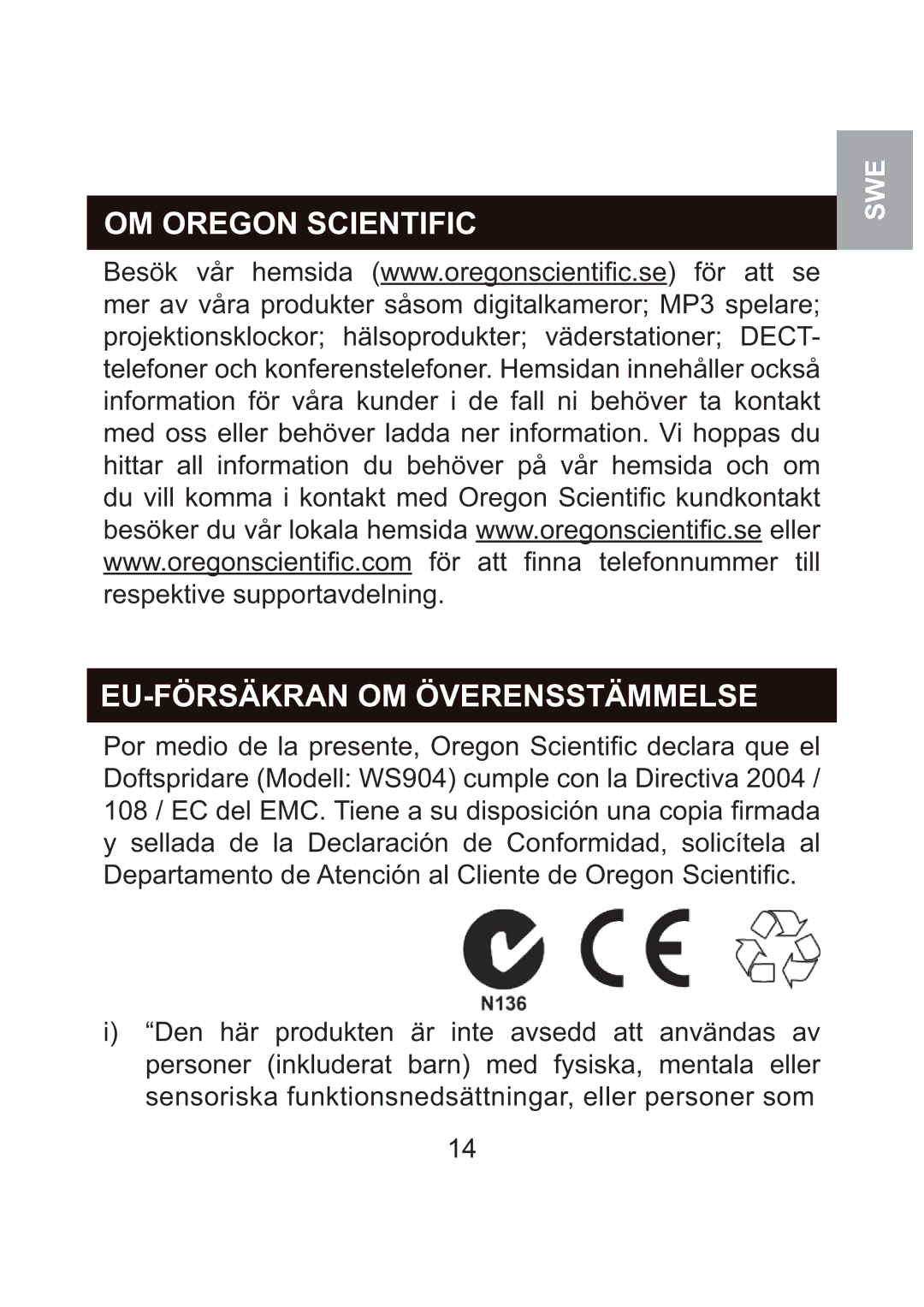 Oregon Scientific WS904 user manual OM Oregon Scientific, EU-FÖRSÄKRAN OM Överensstämmelse 