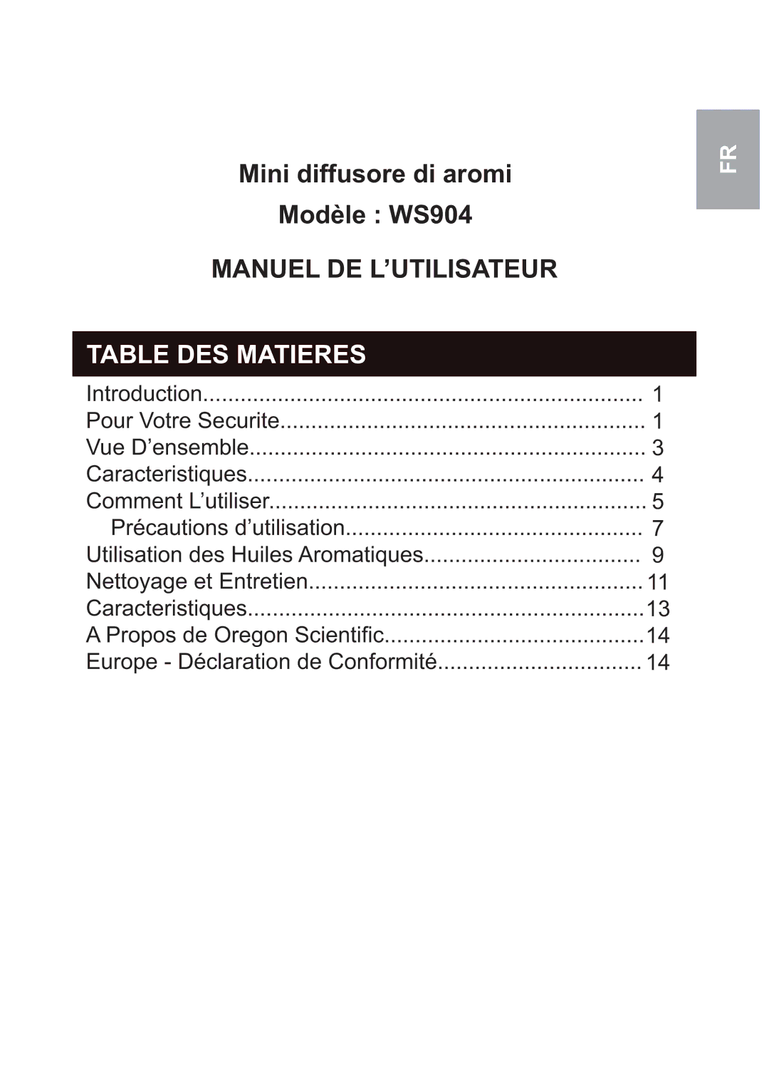 Oregon Scientific WS904 user manual Table DES Matieres 