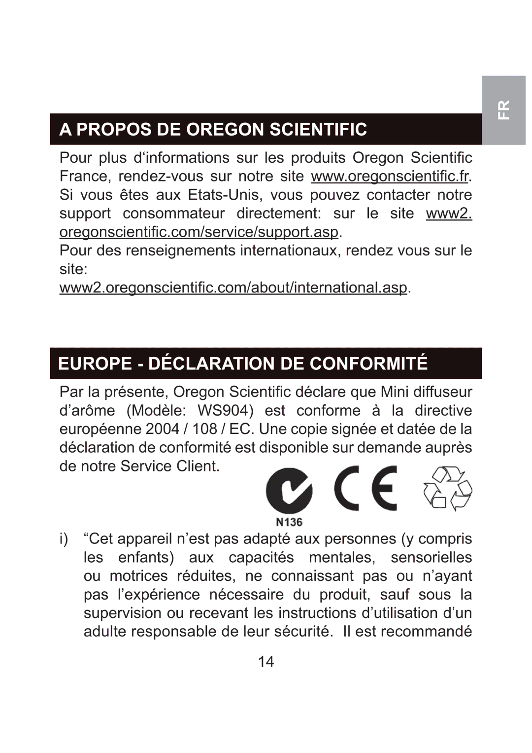 Oregon Scientific WS904 user manual Propos DE Oregon Scientific, Europe Déclaration DE Conformité 