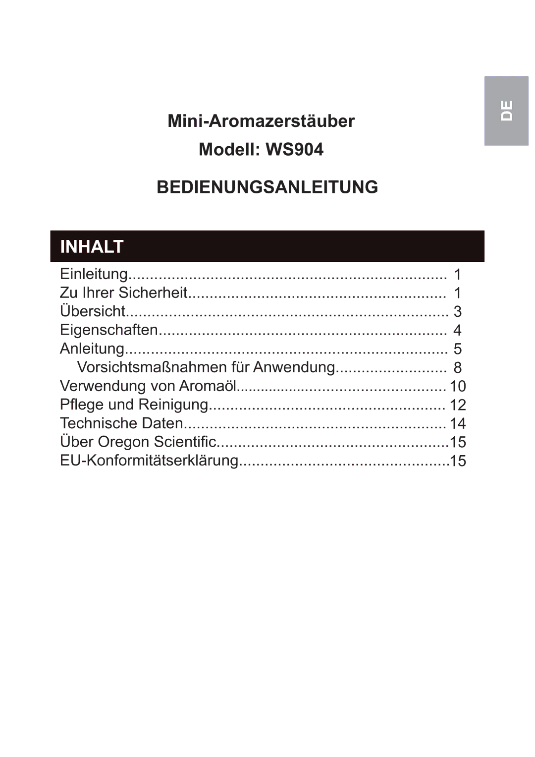 Oregon Scientific WS904 user manual Inhalt 