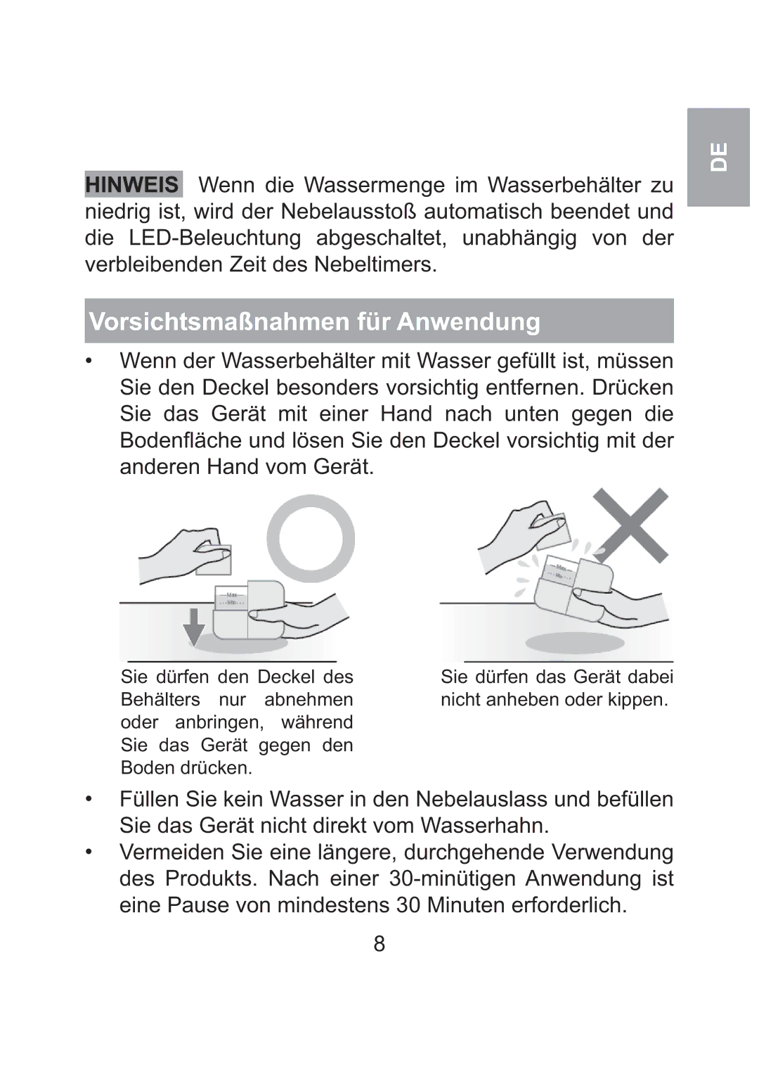 Oregon Scientific WS904 user manual Vorsichtsmaßnahmen für Anwendung 