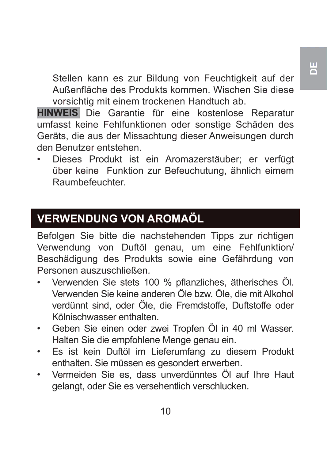 Oregon Scientific WS904 user manual Verwendung VON Aromaöl 