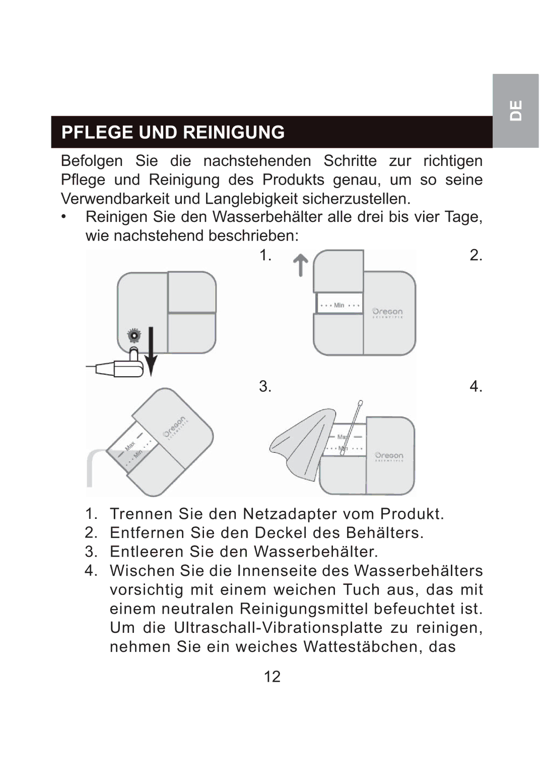 Oregon Scientific WS904 user manual Pflege UND Reinigung 