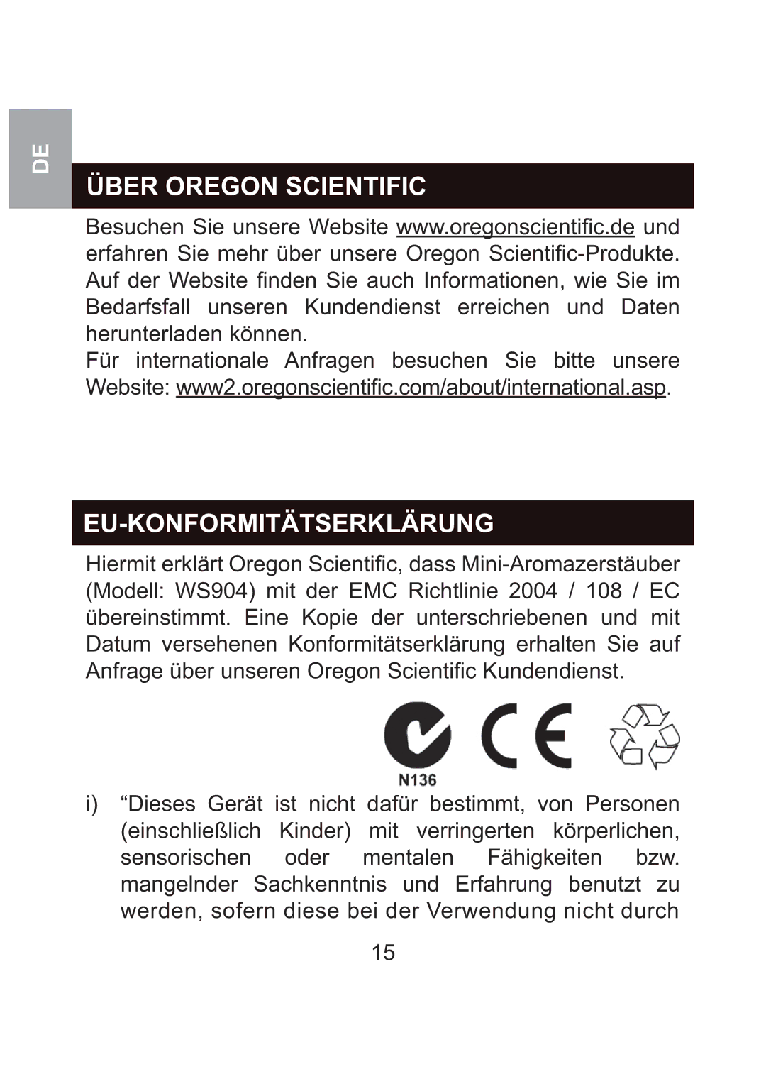 Oregon Scientific WS904 user manual Über Oregon Scientific, Eu-Konformitätserklärung 