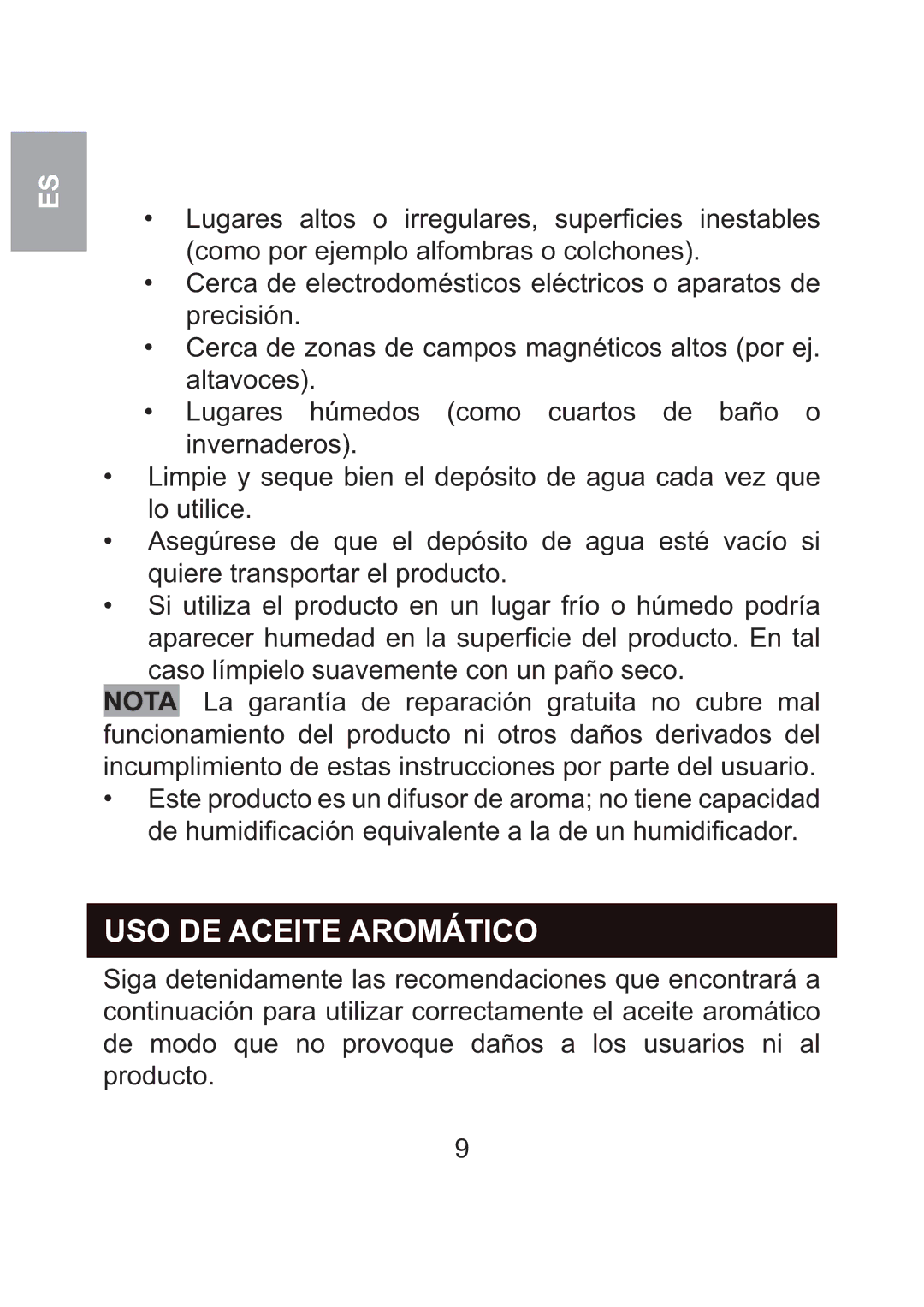 Oregon Scientific WS904 user manual USO DE Aceite Aromático 