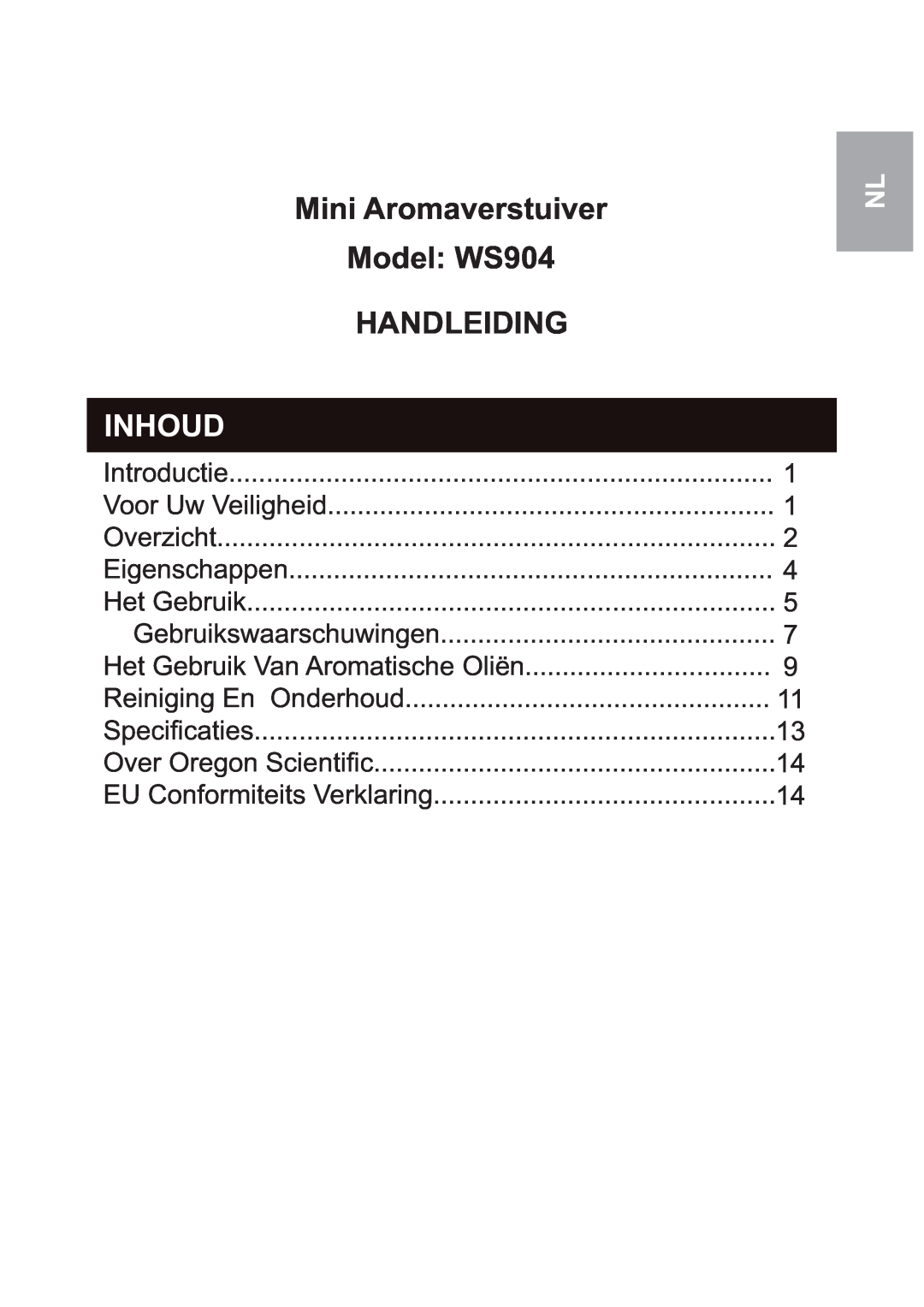 Oregon Scientific user manual Mini Aromaverstuiver Model: WS904 HANDLEIDING, Inhoud 