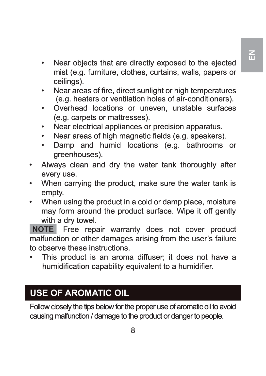 Oregon Scientific WS904 user manual Use Of Aromatic Oil 