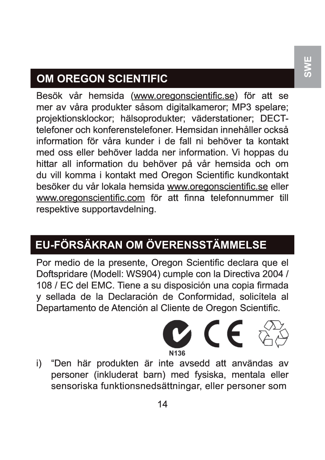 Oregon Scientific WS904 user manual Om Oregon Scientific, Eu-Försäkranom Överensstämmelse 