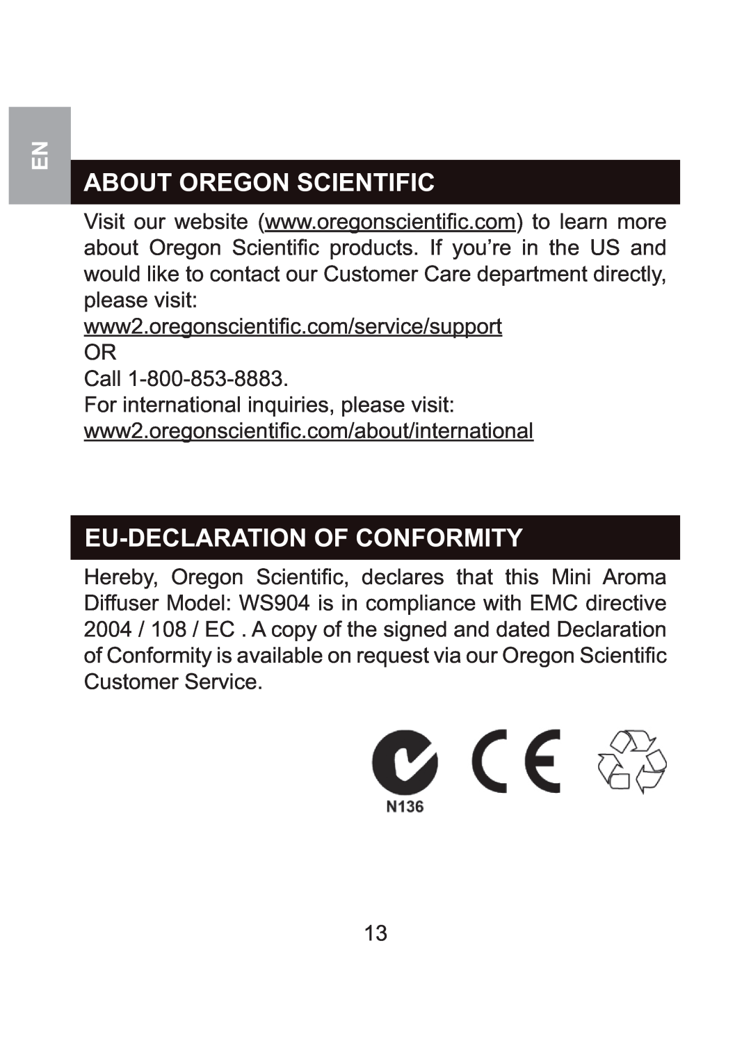 Oregon Scientific WS904 About Oregon Scientific, Eu-Declarationof Conformity, Visit our website, Customer Service 