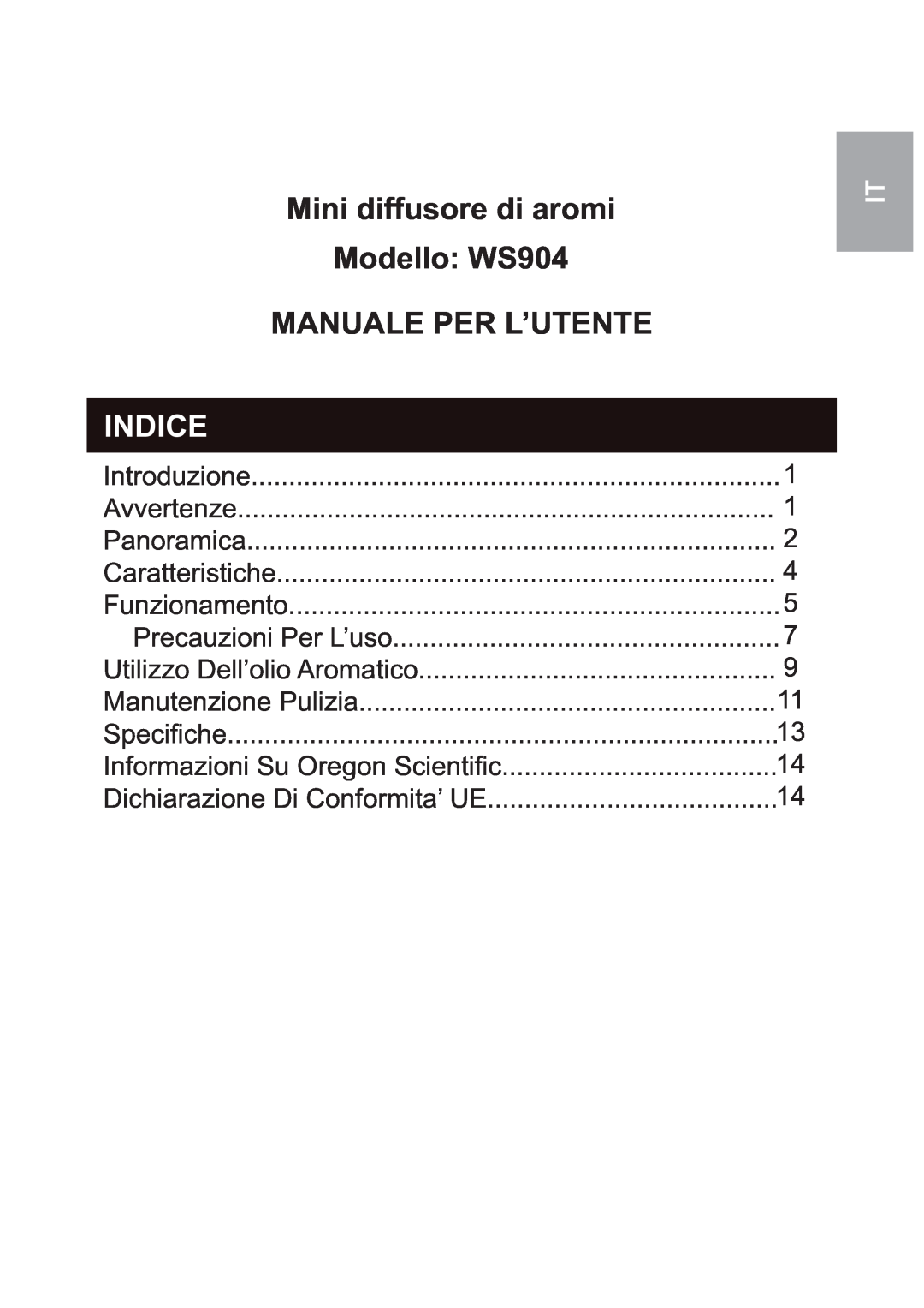 Oregon Scientific user manual Mini diffusore di aromi Modello: WS904, Manuale Per L’Utente, Indice 