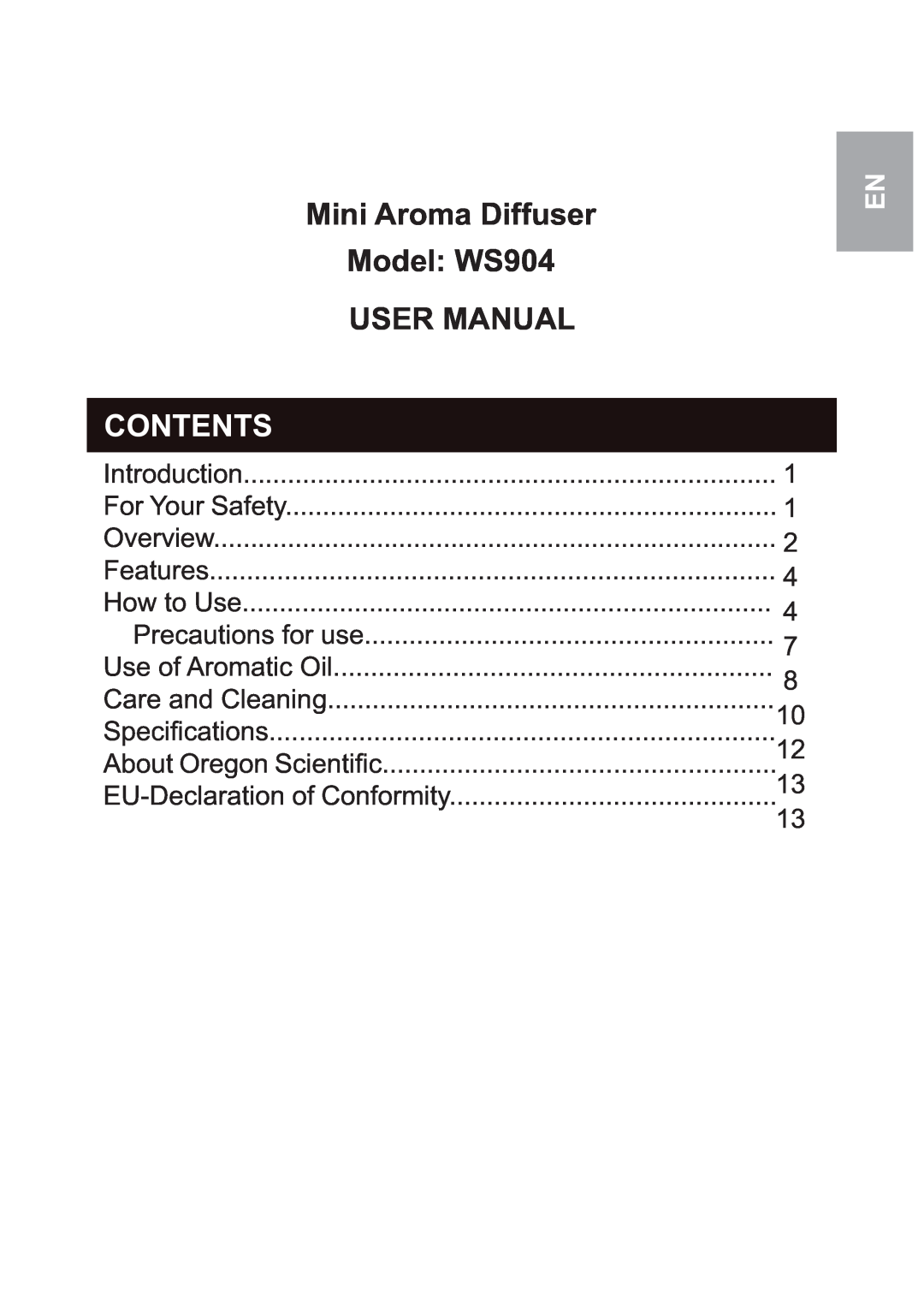 Oregon Scientific user manual Mini Aroma Diffuser Model: WS904 USER MANUAL, Contents 