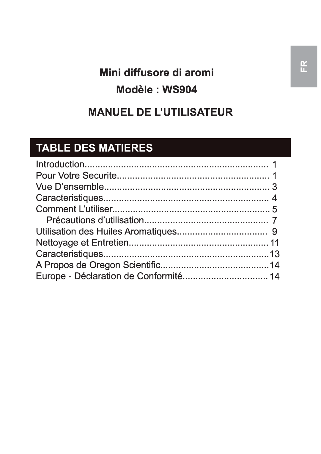 Oregon Scientific user manual Mini diffusore di aromi Modèle : WS904, Manuel De L’Utilisateur, Table Des Matieres 