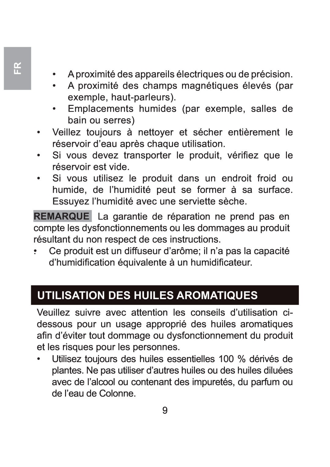 Oregon Scientific WS904 user manual Utilisation Des Huiles Aromatiques 