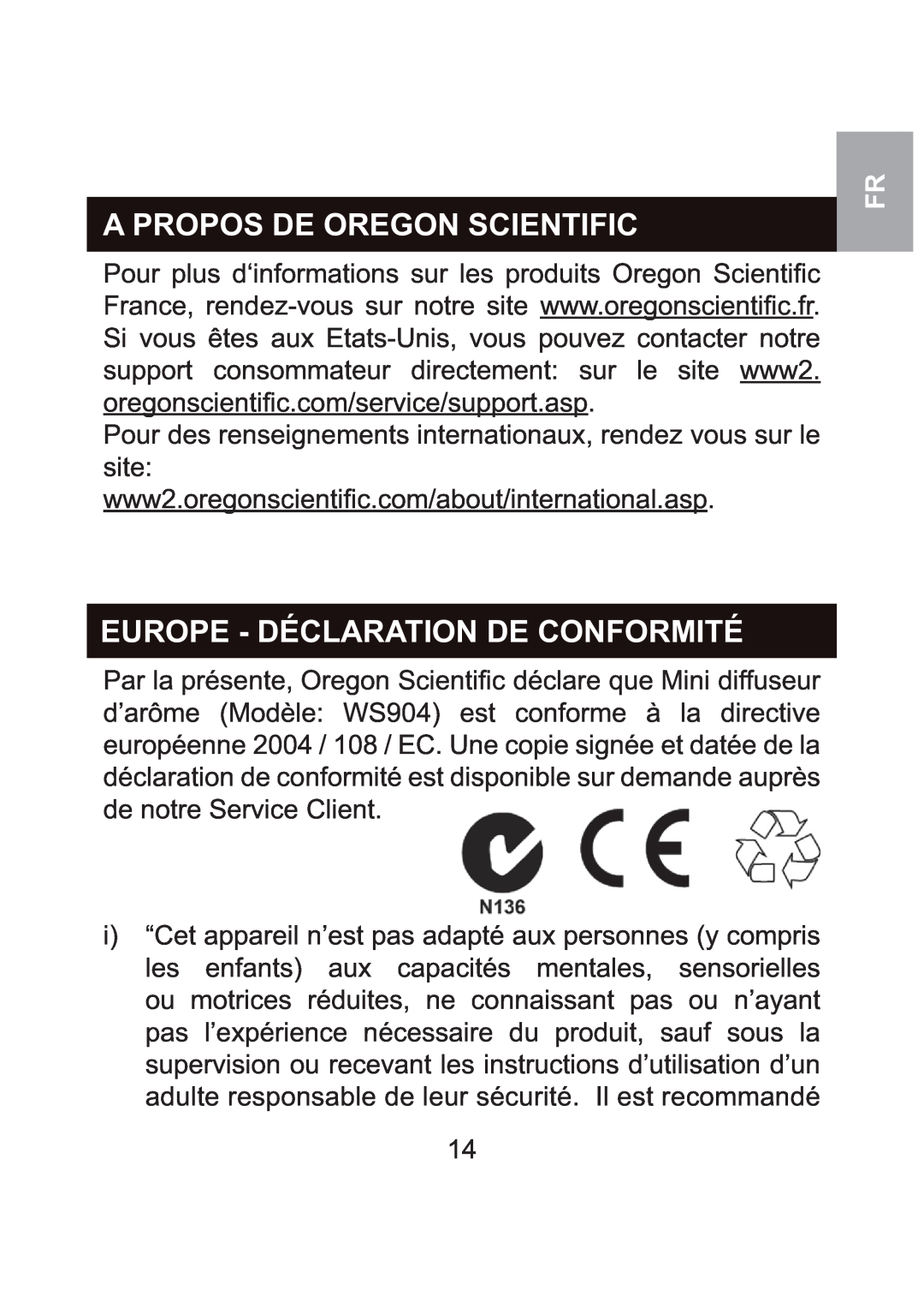 Oregon Scientific WS904 user manual A Propos De Oregon Scientific, Europe - Déclaration De Conformité 