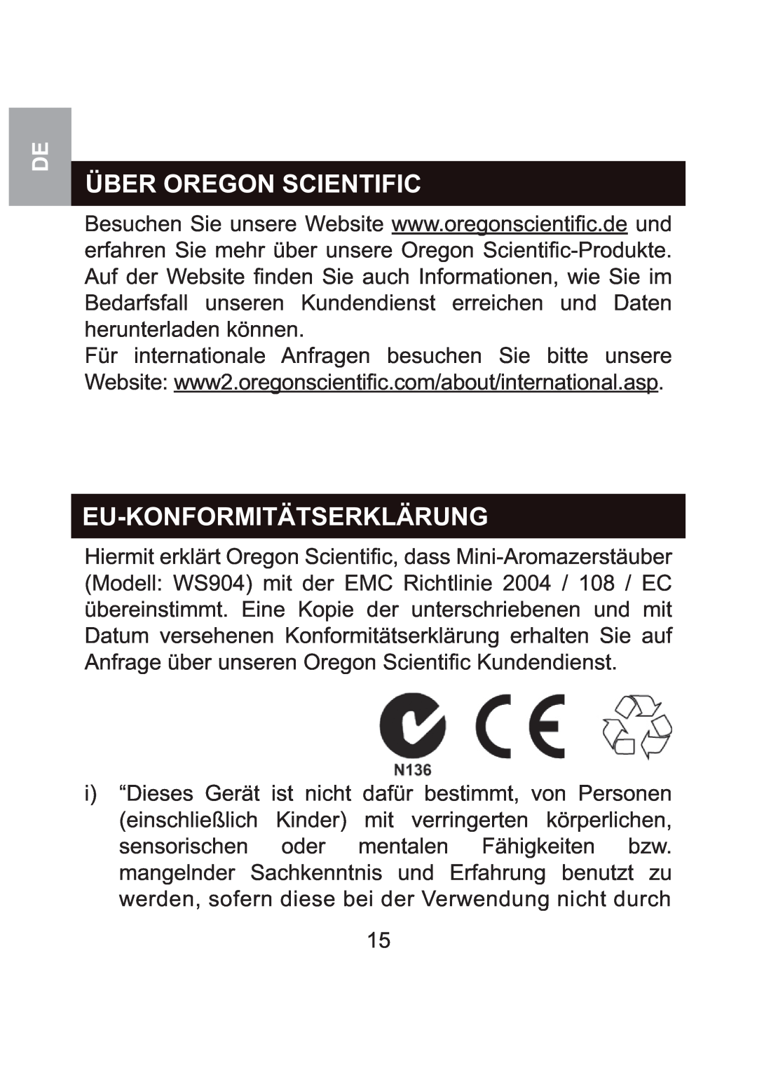Oregon Scientific WS904 user manual Über Oregon Scientific, Eu-Konformitätserklärung 