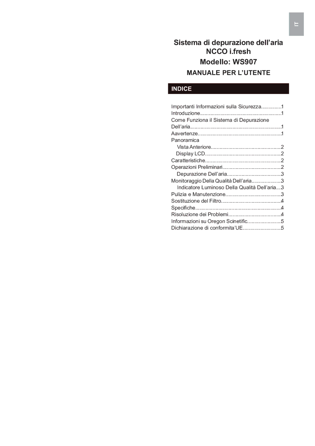 Oregon Scientific user manual Sistema di depurazione dell’aria Ncco i.fresh Modello WS907, Indice 