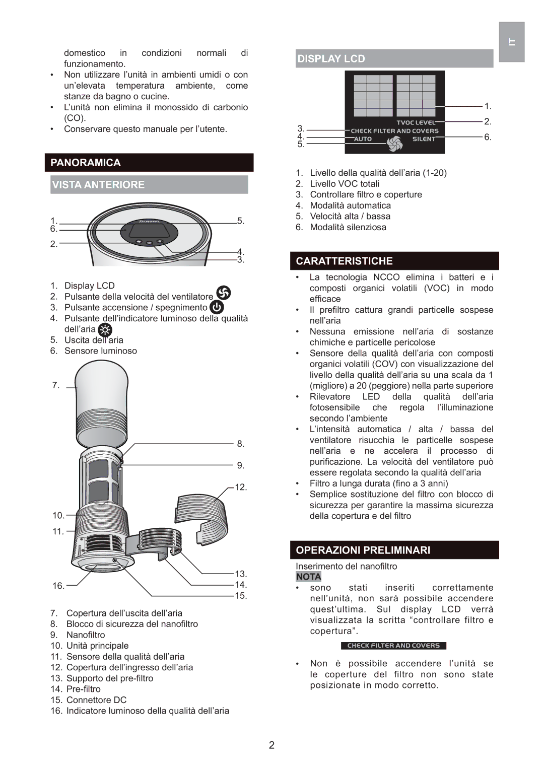 Oregon Scientific WS907 user manual Panoramica Vista Anteriore, Display LCD, Caratteristiche, Operazioni Preliminari, Nota 