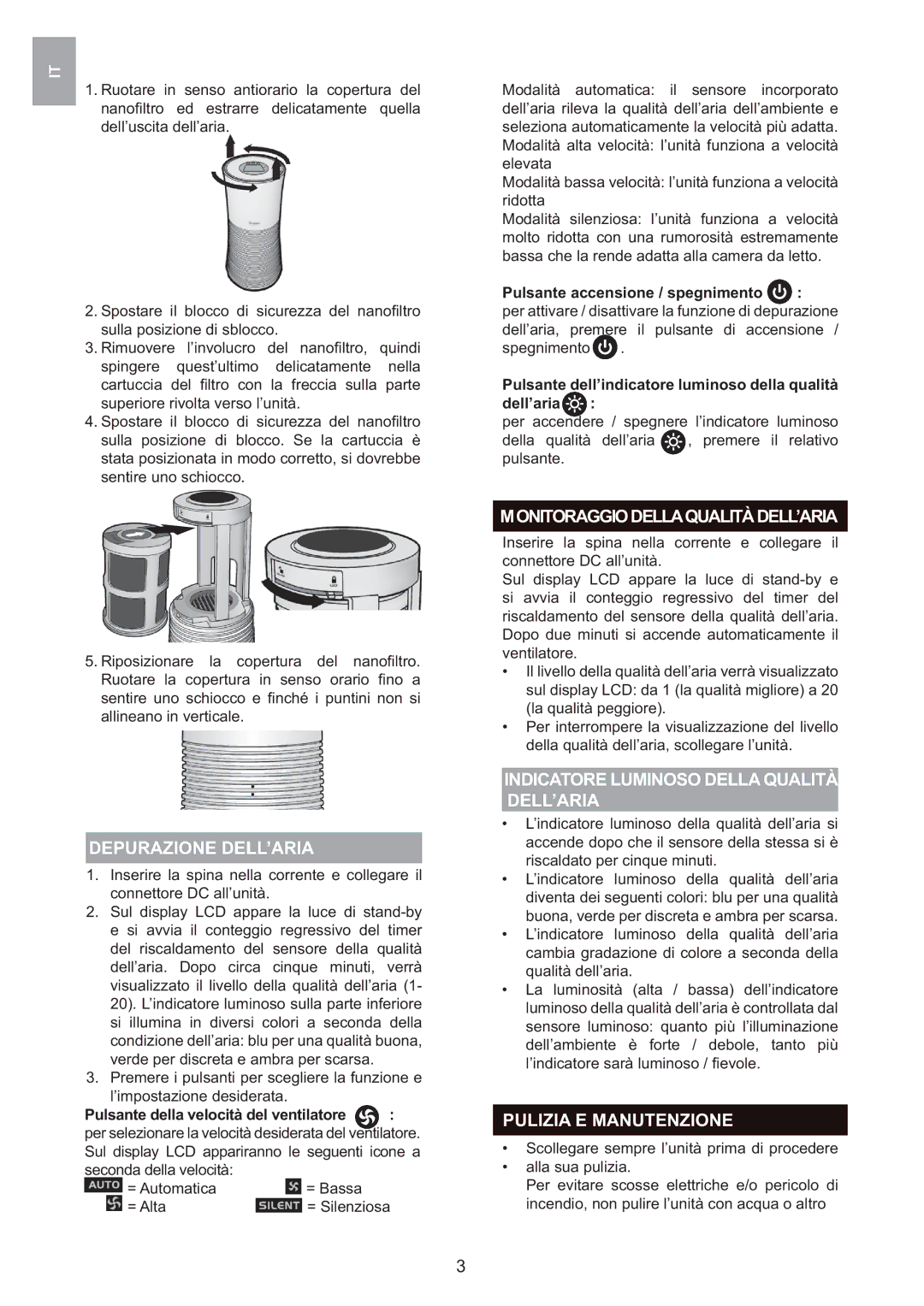 Oregon Scientific WS907 user manual Depurazione DELL’ARIA, Monitoraggiodellaqualitàdell’Aria, Pulizia E Manutenzione 