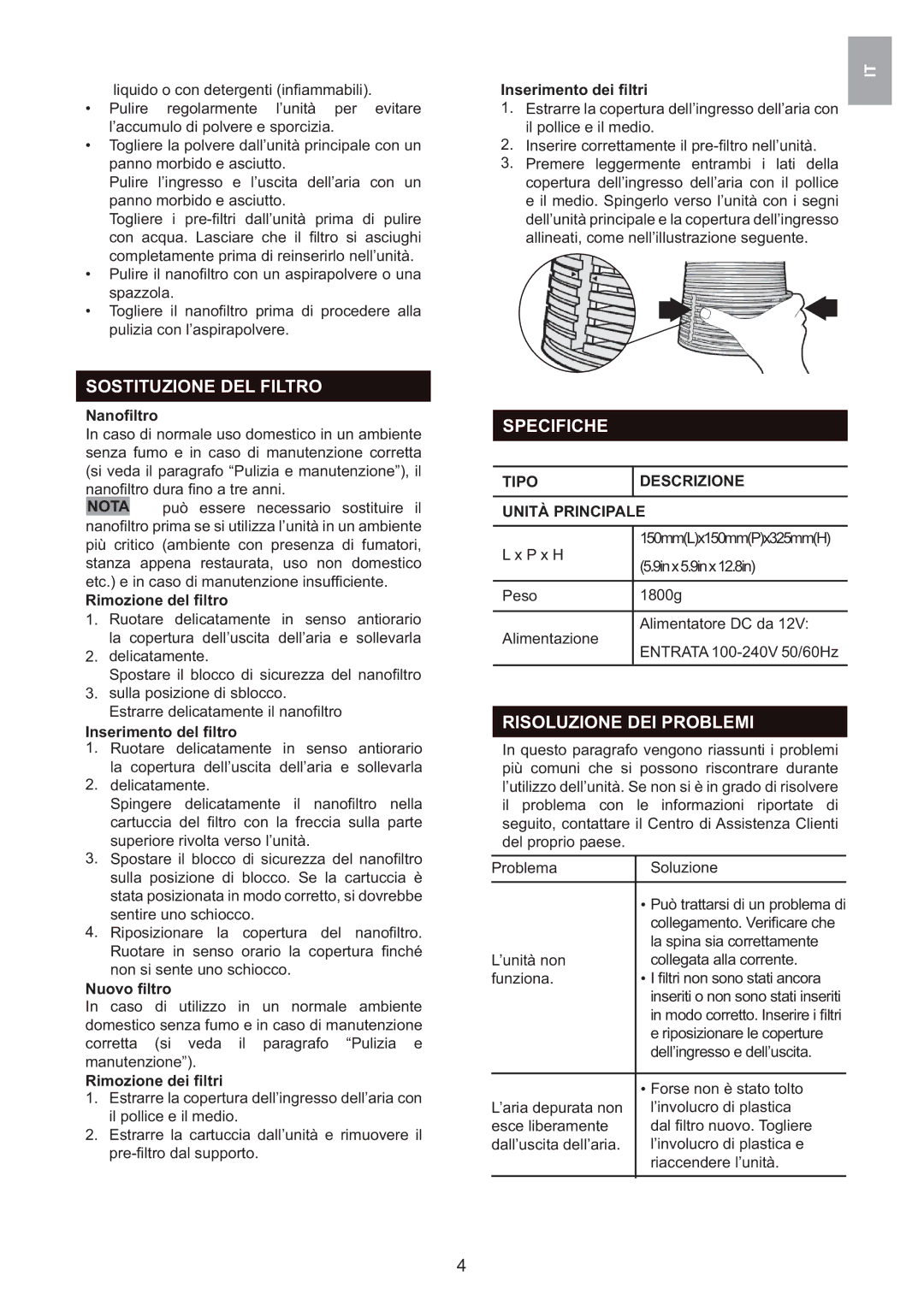 Oregon Scientific WS907 Sostituzione DEL Filtro, Specifiche, Risoluzione DEI Problemi, Tipo Descrizione Unità Principale 