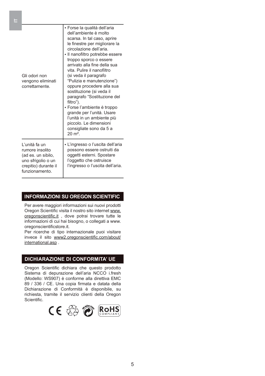 Oregon Scientific WS907 user manual Informazioni SU Oregon Scientific, Dichiarazione DI CONFORMITA’ UE 