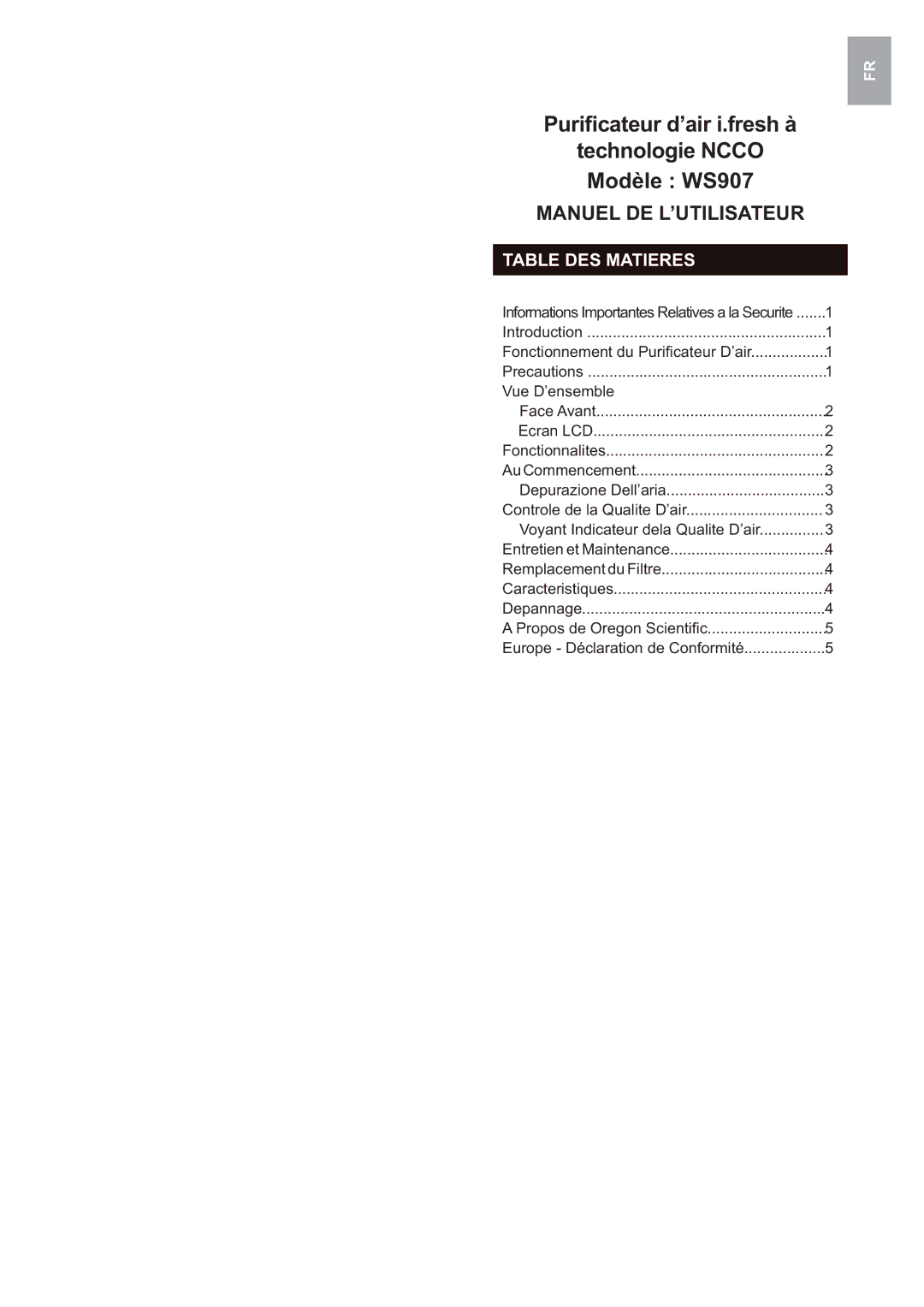 Oregon Scientific user manual Technologie Ncco Modèle WS907, Table DES Matieres 