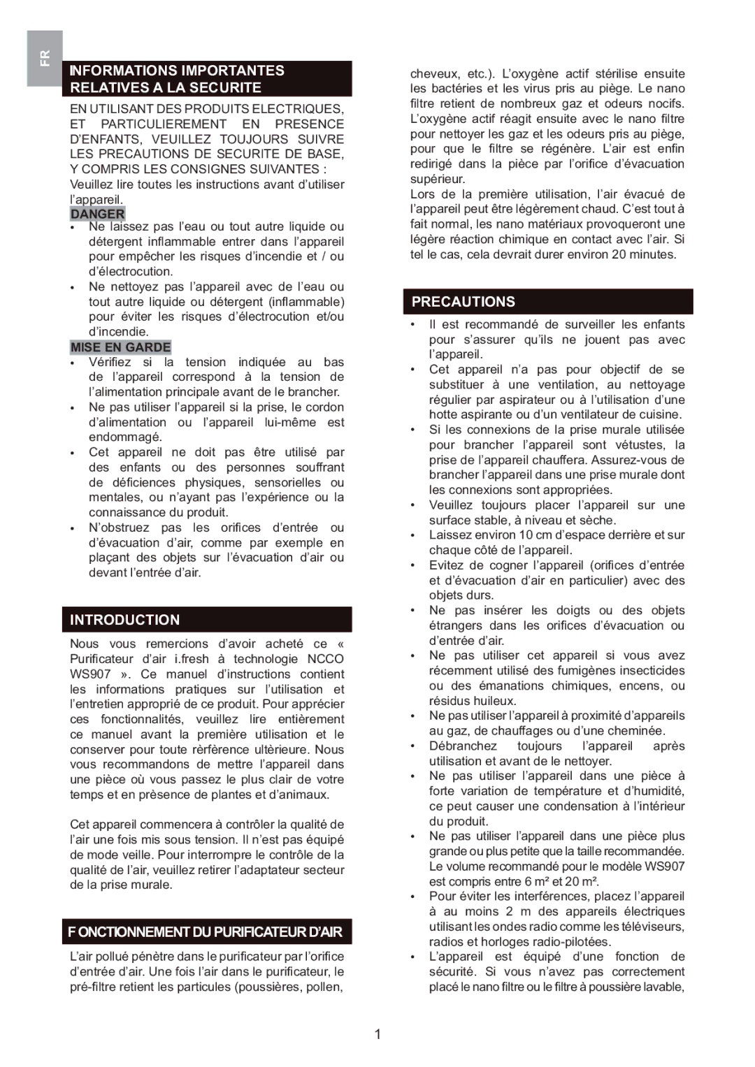 Oregon Scientific WS907 Informations Importantes, Relatives a LA Securite, FONCTIONNEMENTDUPURIFICATEURD’AIR Precautions 