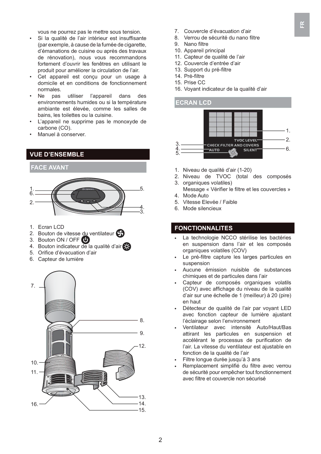 Oregon Scientific WS907 user manual VUE D’ENSEMBLE Face Avant, Ecran LCD, Fonctionnalites 