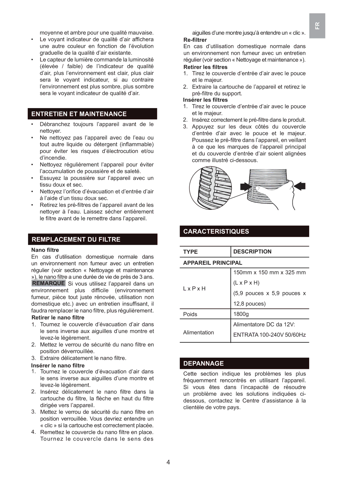 Oregon Scientific WS907 Entretien ET Maintenance, Caracteristiques Remplacement DU Filtre, Depannage, Type Description 