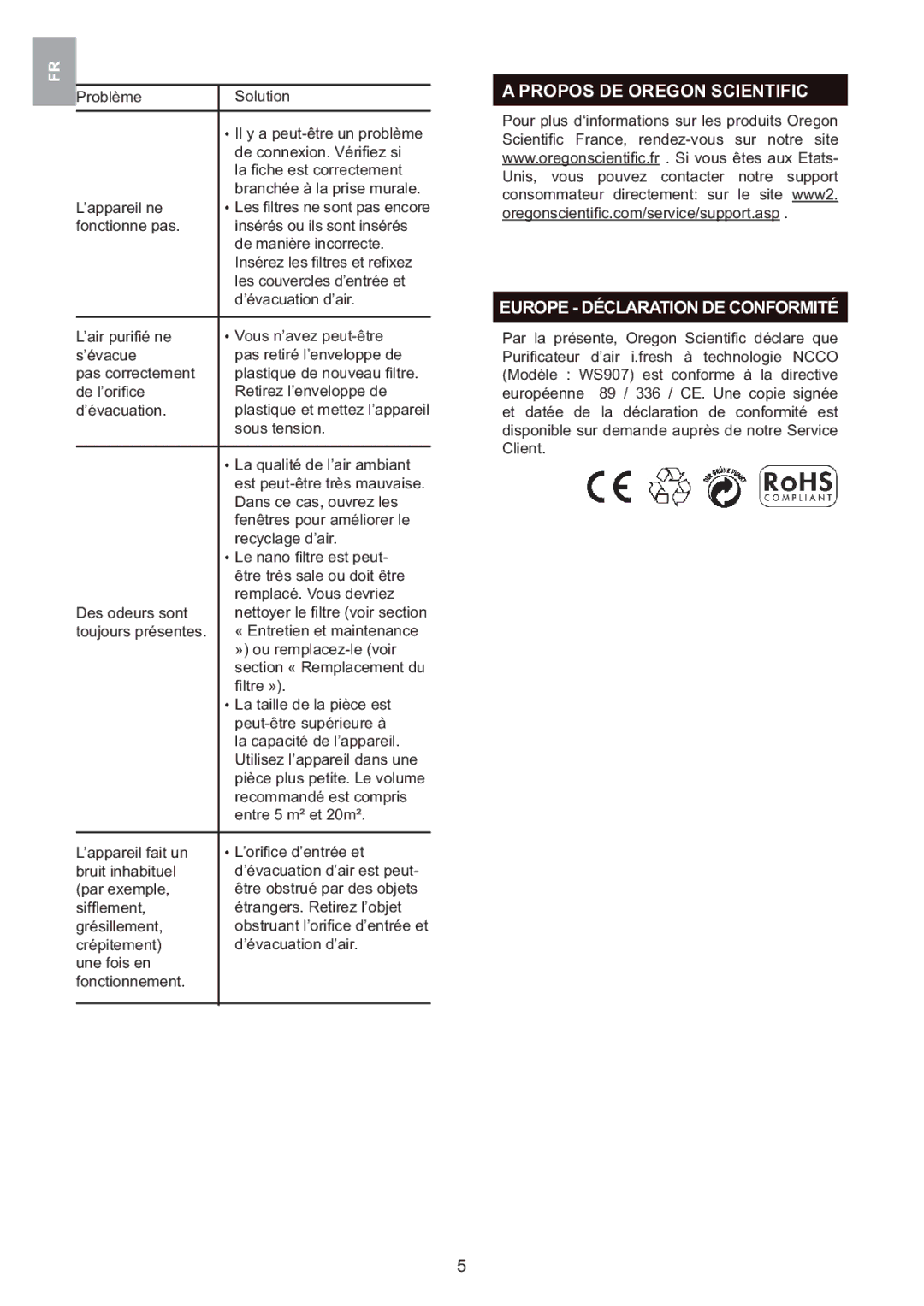 Oregon Scientific WS907 user manual Propos DE Oregon Scientific, Europe Déclaration DE Conformité 