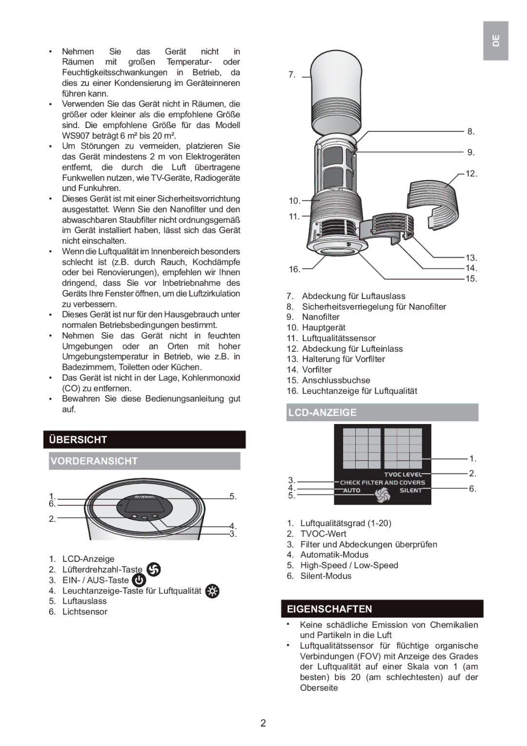 Oregon Scientific WS907 user manual Übersicht Vorderansicht, Lcd-Anzeige, Eigenschaften 