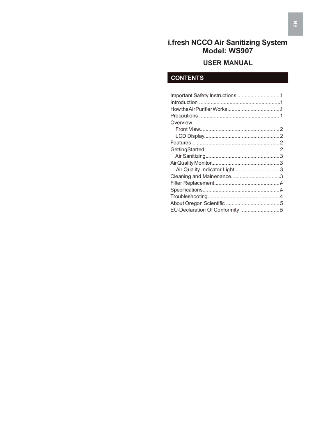 Oregon Scientific user manual Fresh Ncco Air Sanitizing System Model WS907, Contents 