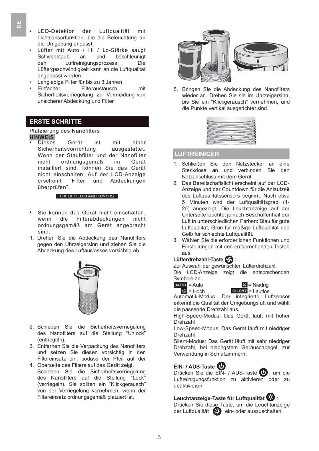 Oregon Scientific WS907 user manual Erste Schritte, Luftreiniger, Hinweis, Lüfterdrehzahl-Taste 