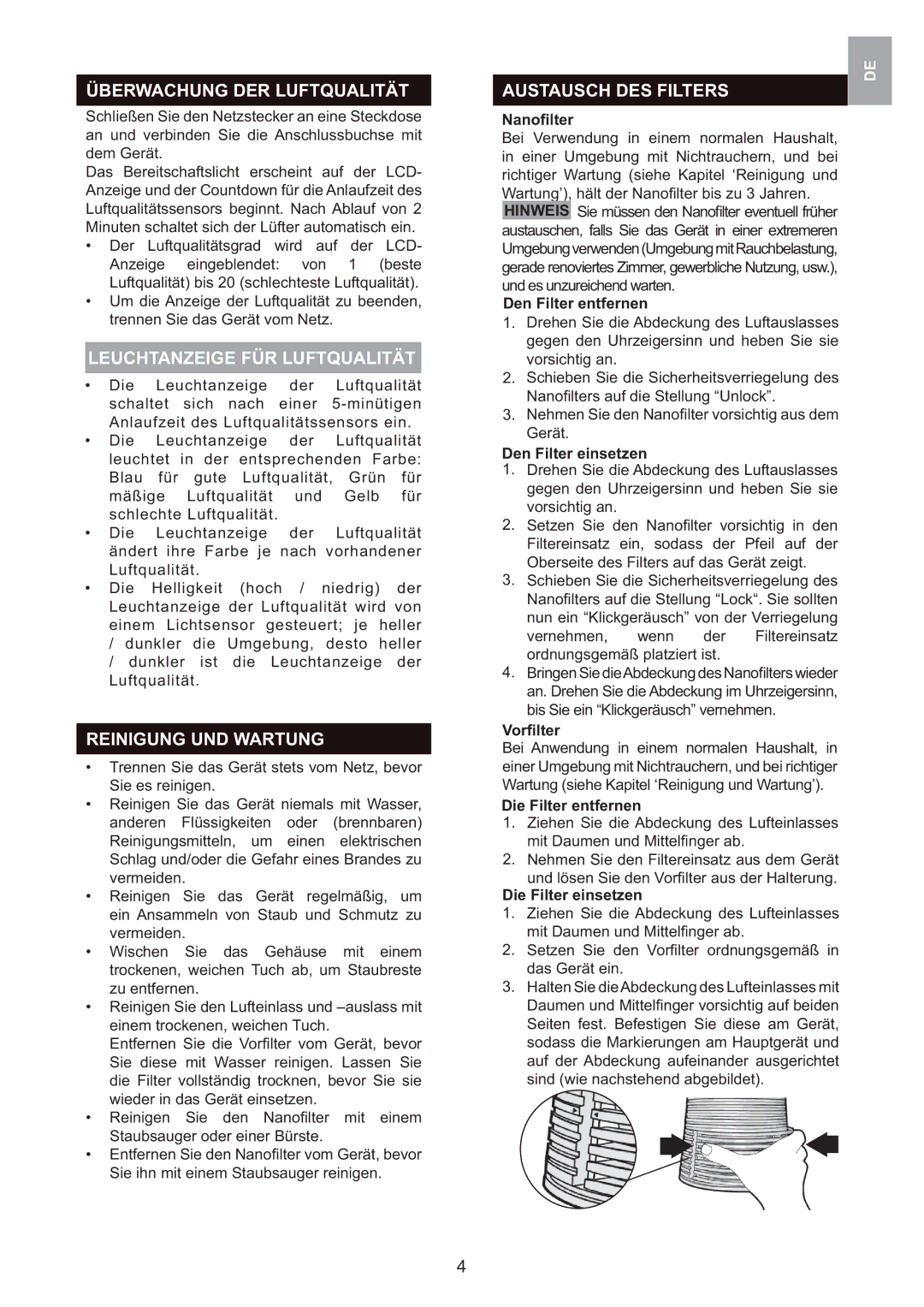 Oregon Scientific WS907 user manual Überwachung DER Luftqualität, Leuchtanzeige FÜR Luftqualität, Reinigung UND Wartung 