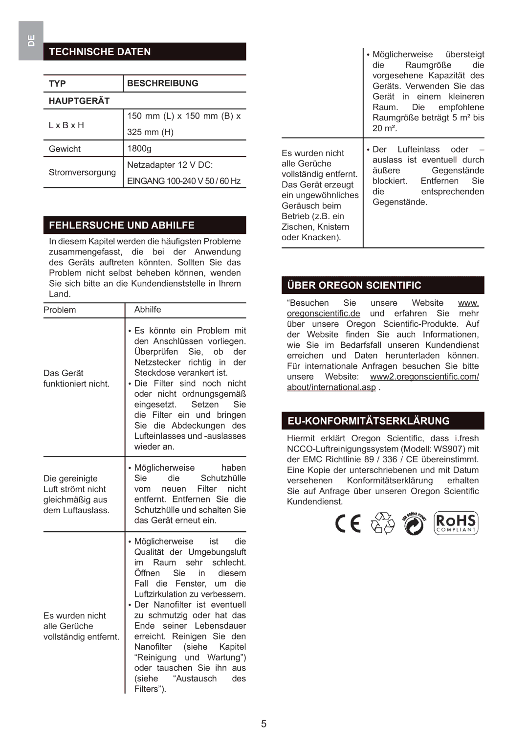 Oregon Scientific WS907 Technische Daten, Fehlersuche UND Abhilfe, Über Oregon Scientific, Eu-Konformitätserklärung 